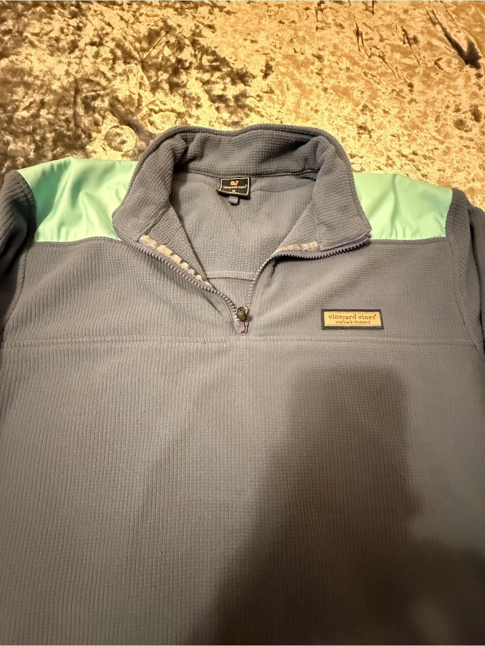 Vineyard Vines Slate Blue Quarter-Zip with Mint Shoulder Panels